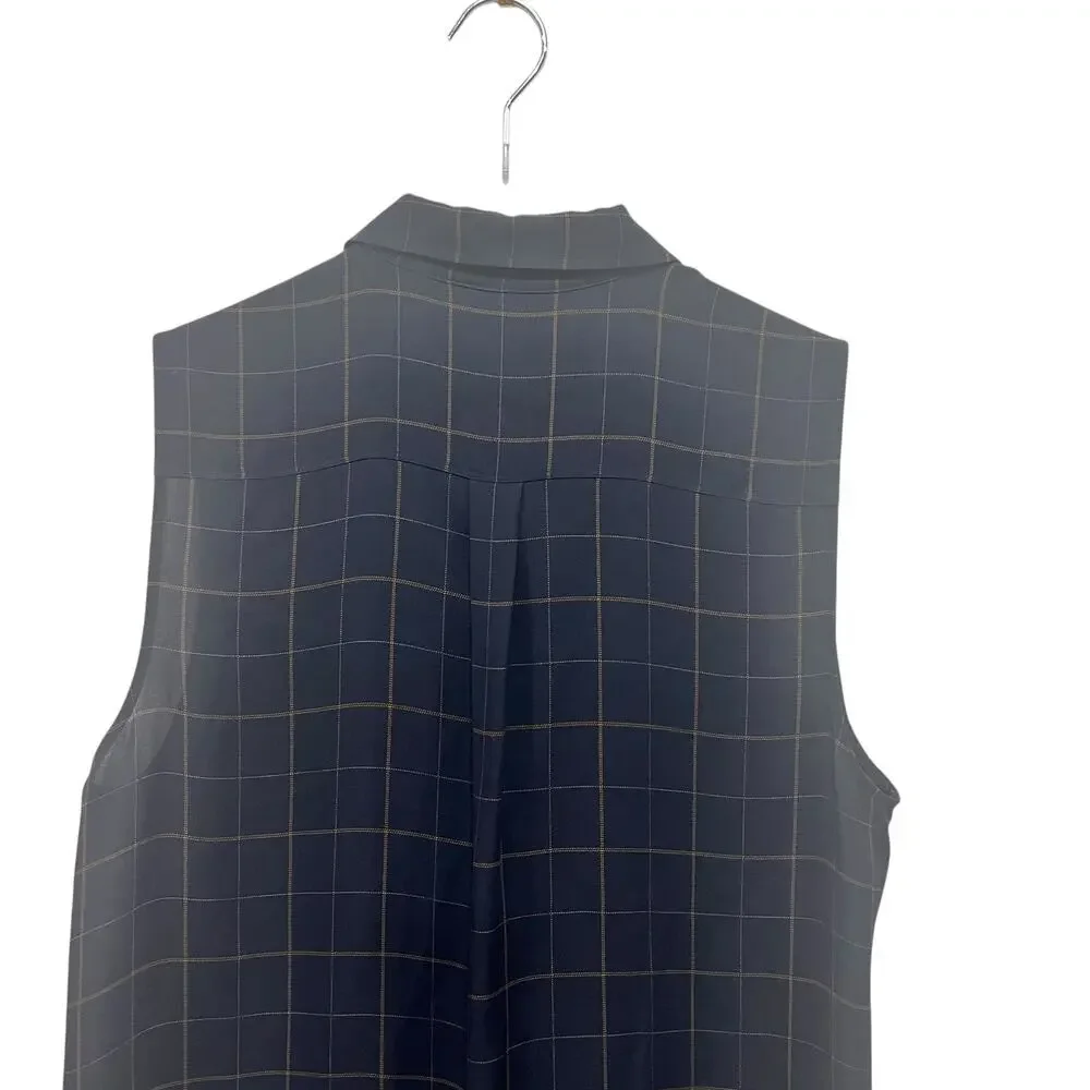 Theory Silk Blouse Tile Print Yarine Navy Blue Brown Sleeveless Size‎ L Academia